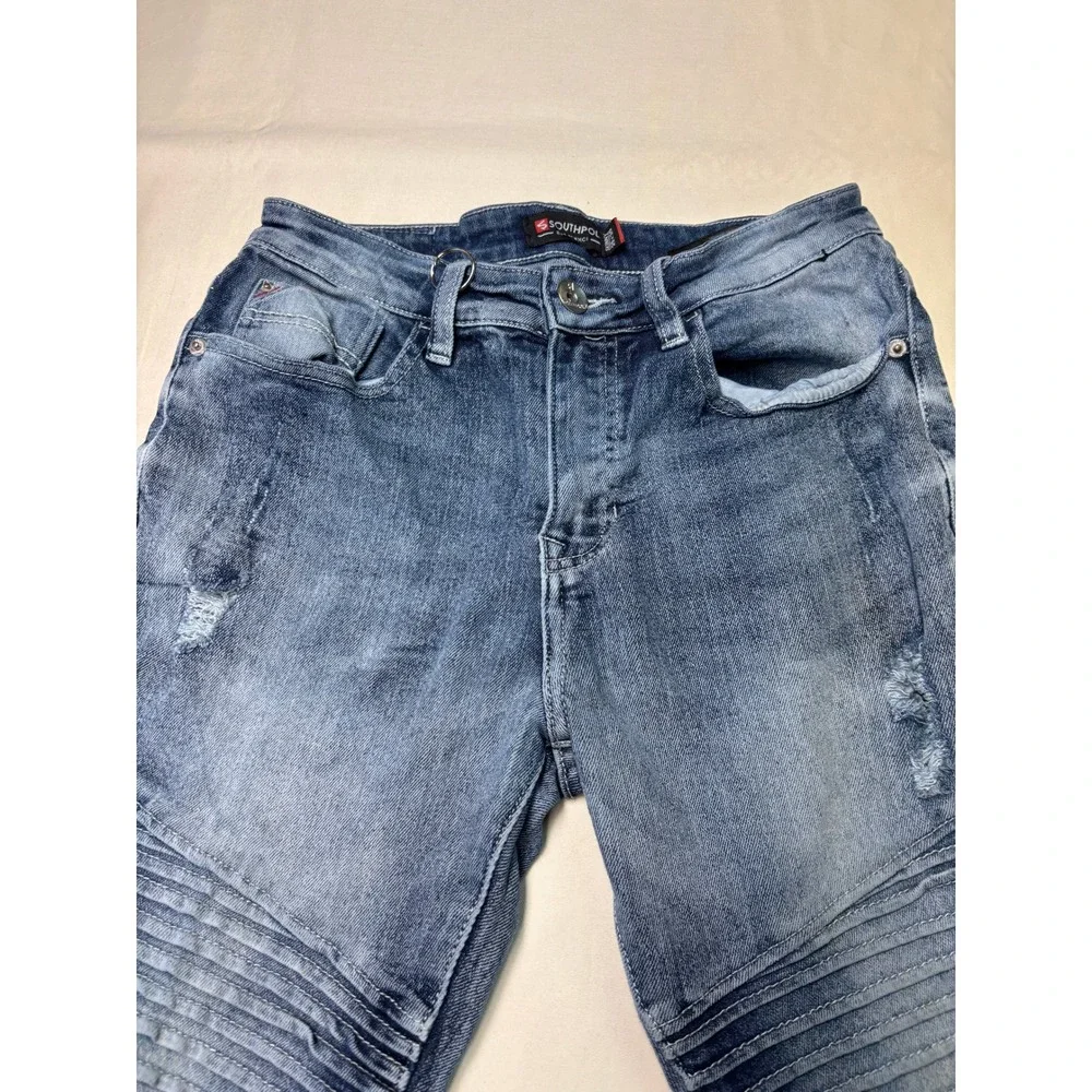 Southpole Mens Skinny Moto Biker Jeans‎ Blue Distressed Ribbed Denim 29x30